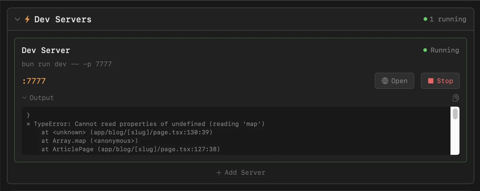 Progress11 dev servers panel showing running local servers