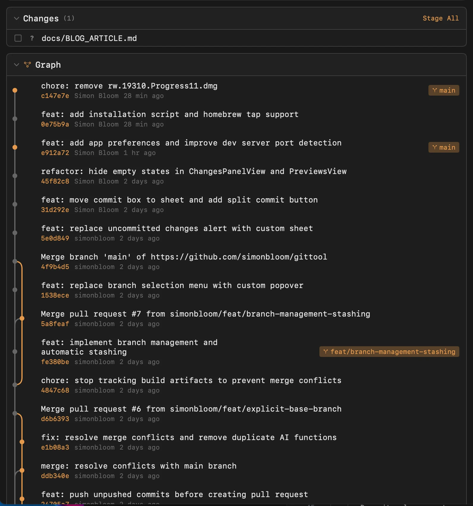 Progress11 visual git graph showing commit history with branches